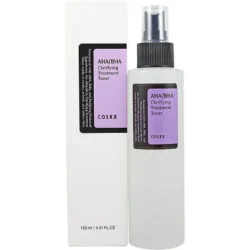 COSRX AHA BHA toner bottle on white background, skincare for exfoliation and hydration.