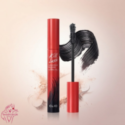 CLIO Kill Lash Superproof Mascara 04 Extreme Volume Black red tube open with dramatic brush swatch