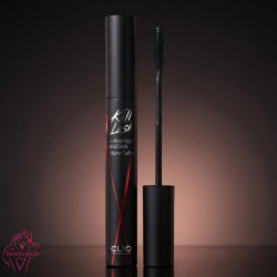 CLIO Kill Lash Superproof Mascara 10 Sharp Curl matte black tube open with precision brush on dark background